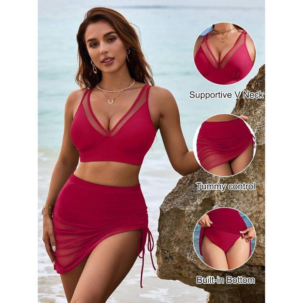 Women's High Waisted Swim Skirt Set Tummy Control Mesh Sarong Bathing Suit - Picture 2 of 6